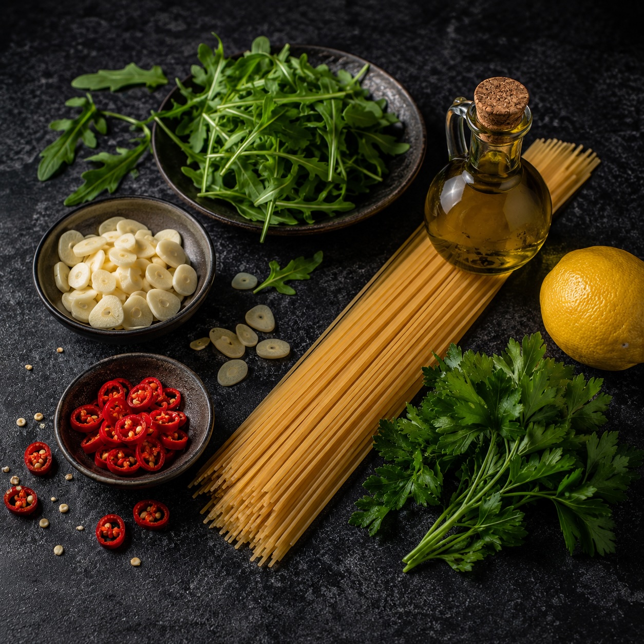 Knoblauch und Chili für Spaghetti aglio e olio vorbereitet